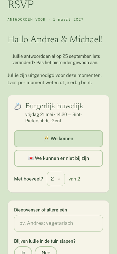 Het RSVP-formulier op een gsm: per moment ja of nee, met hoeveel, en dieetwensen.